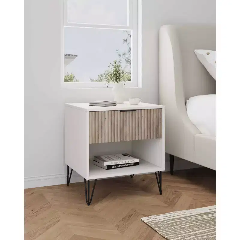 Manhattan Comfort Dumbo 1 Drawer Nightstand White/Rustic Gray: Contemporary MDF Frame, Open Shelf, Textured Finish