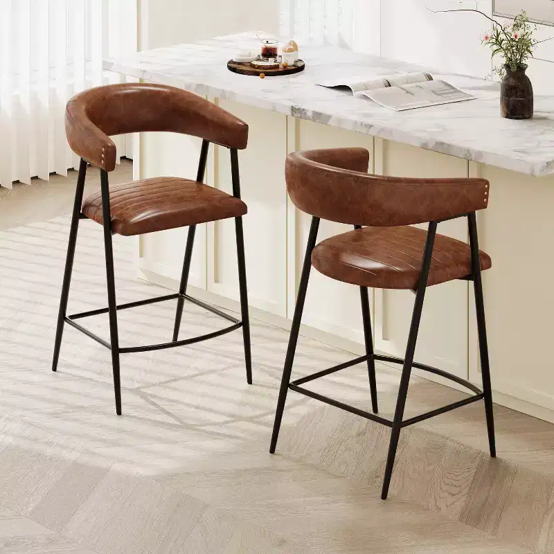 Christopher Knight Home Sara Upholstered 26 Faux Leather Iron Frame Counter Stool with Footrest, Brown