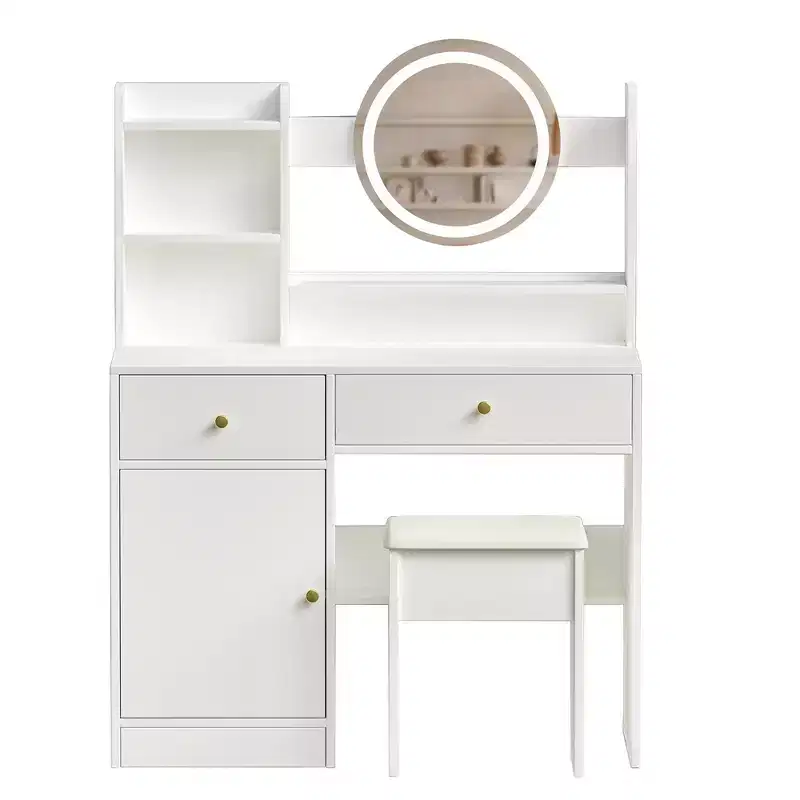 Homy Casa Vanity Desk with Lighted Mirror, Adjustable LED Lighting, White