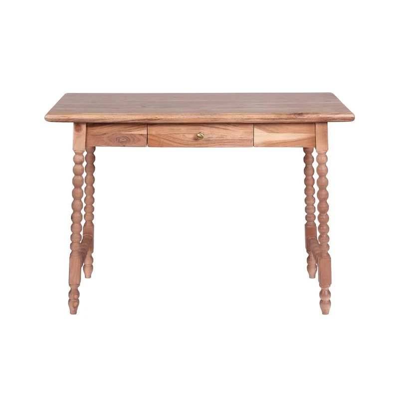 Mid-Century 1-Drawer Acacia Writing Desk – Beaded Legs, Light Brown, 43