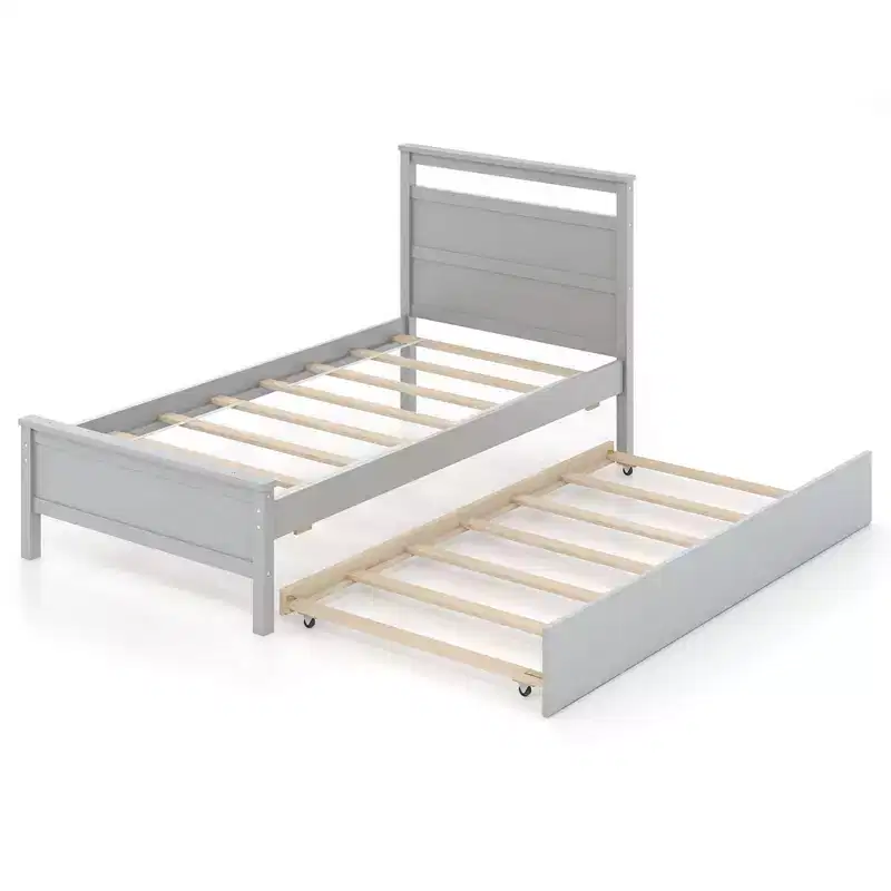 Twin Size Platform Bed with Trundle Pull-out Trundle Headboard & Footboard Gray/White