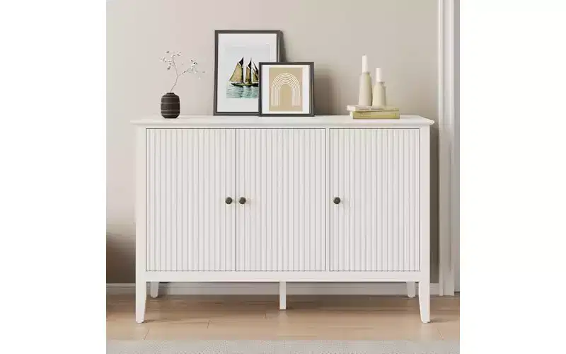 Fluted 3-Door Cabinet, Modern White Buffet Cabinet with Adjustable Shelves & Metal Knobs, Sideboard Coffee Bar Cabinet, Storage Cabinet,White