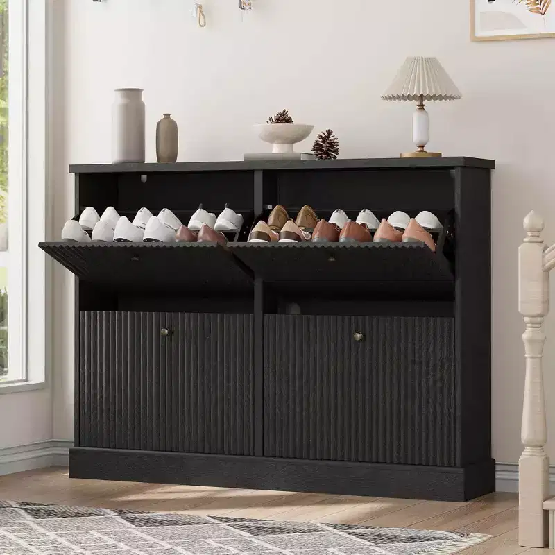 Shoe Cabinet with 4 Flip Drawers, Hidden Wooden Fluted Shoe Cabinet with Adjustable Shelf, Freestanding Shoe Storage Cabinet for Entryway Hallway