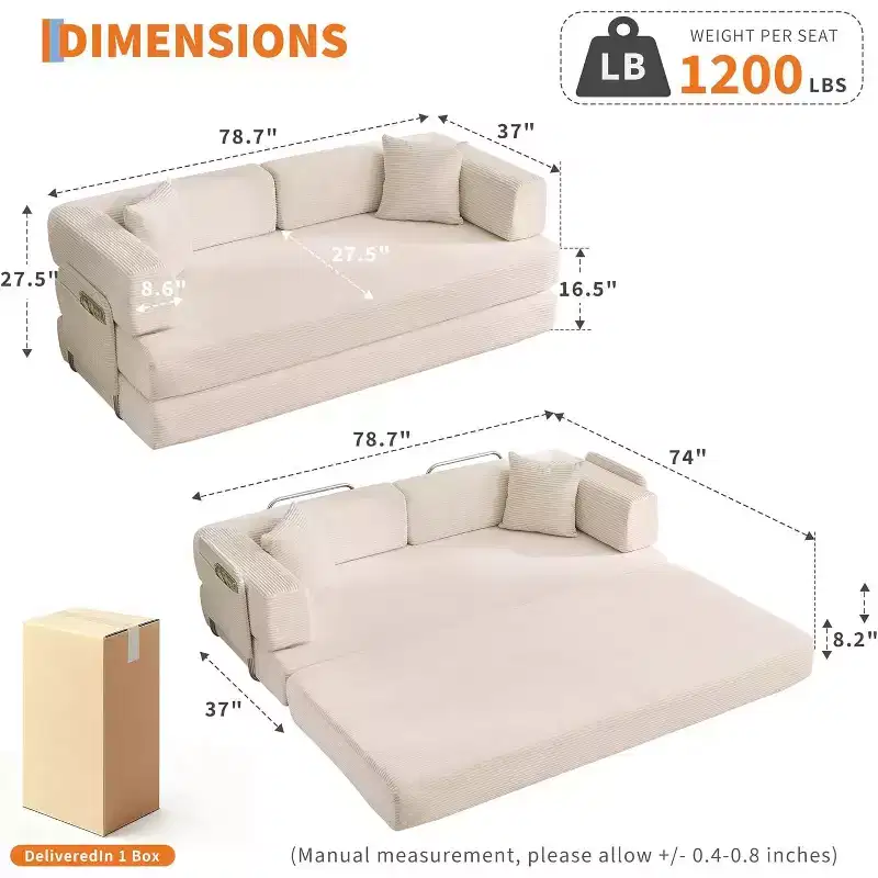 Convertible Sofa Bed, 5-in-1 Folding Sleeper Sofa with Fixed Frame & Removable Armrests, Corduroy Modular Futon sofa for Small Space