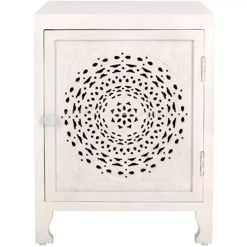Off-White Square Nightstand with 2 Shelves & 1 Door – 1 Person