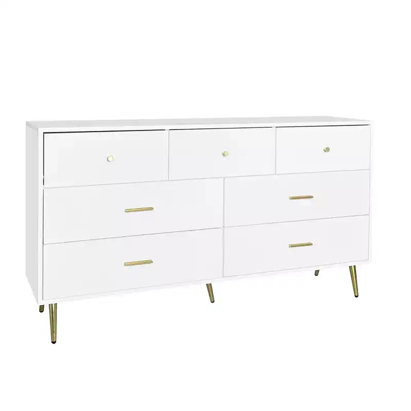 Seven Drawers Large Chest Of Drawers Cabinet With Golden Handle And Golden Legs White