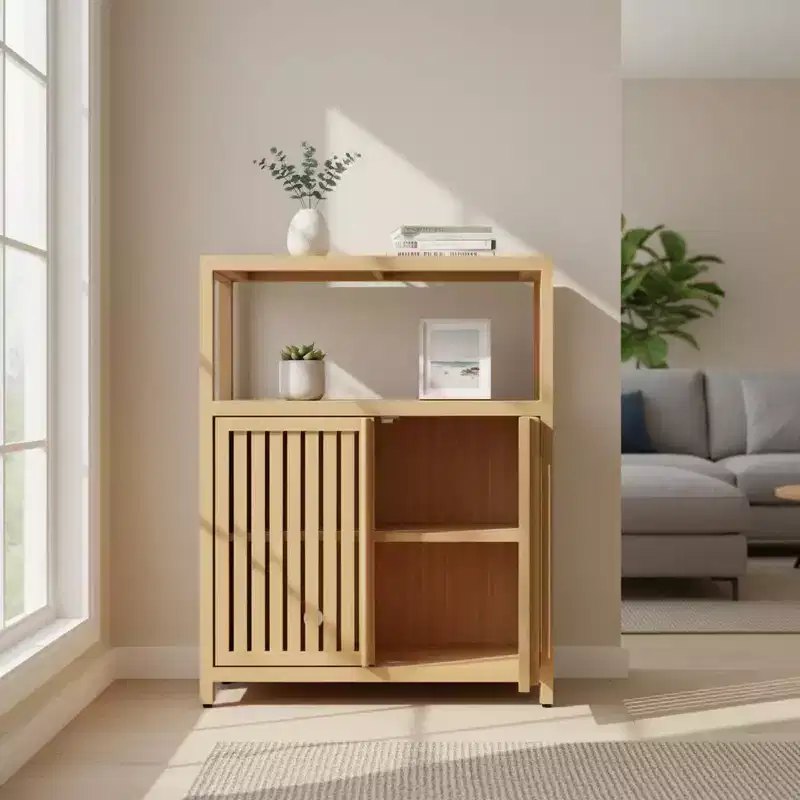 Large Capacity Bamboo Storage Cabinet with Double Doors, Open Shelf