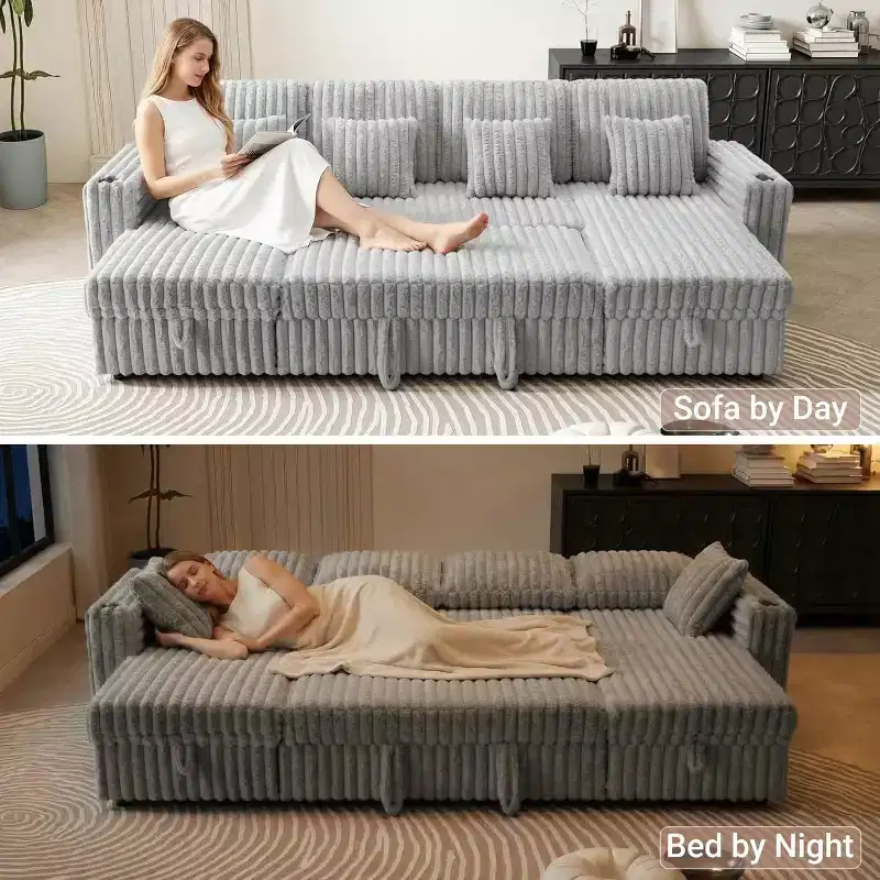 124-Inch U-Shaped Sleeper Sofa with Storage, Oversized Convertible Couch with Pull-Out Bed, Adjustable Backrest, USB Ports & Cup Holders, Gray