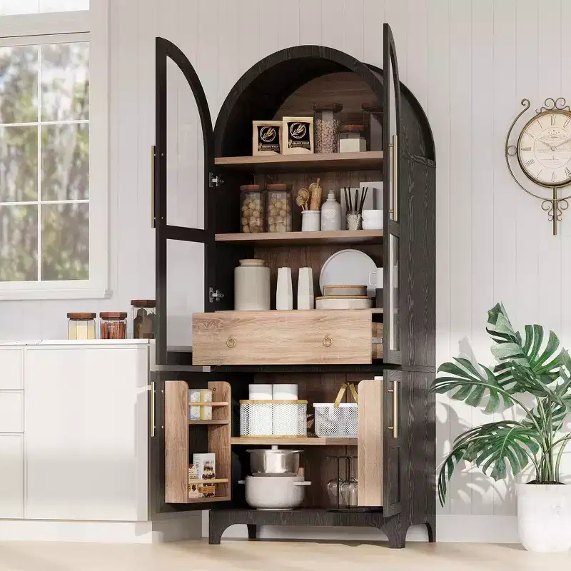 Whisen 71 Tall Arched Kitchen Pantry with Door Shelves, Hidden Drawer & Glass Door