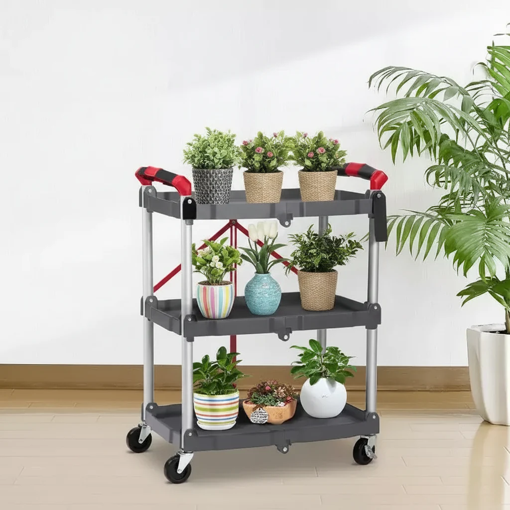 3-Tier Foldable Utility Cart with Wheels, Portable Rolling Storage Trolley, 167 lbs Load Capacity, No-Assembly Organizer for Office, Home, Garage, Warehouse