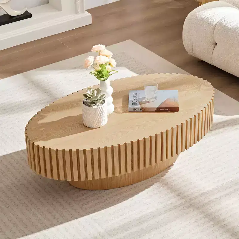 43.7 Inch Modern Oval Coffee Table, Handcrafted Center Table with Sturdy Pedestal for Living Room Bedroom Small Space