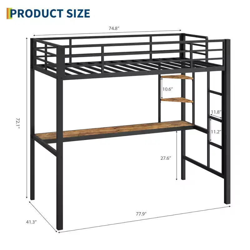 Loft Bed Twin Size with Large Desk and 2-Tier Storage Shelves, Heavy Duty Metal Loft Bed with Ladder and Guardrail for Kids and Adults