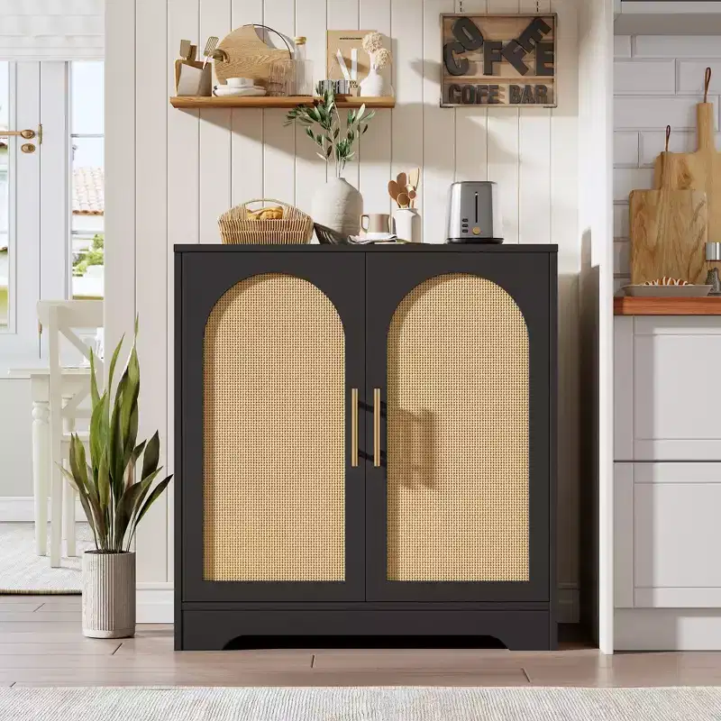 30 Boho Coffee Bar Cabinet Natural Rattan Doors, Solid Wood Legs, Metal Handle, 26.9 H TV Stand / Sideboard for Living Room & Dining Room