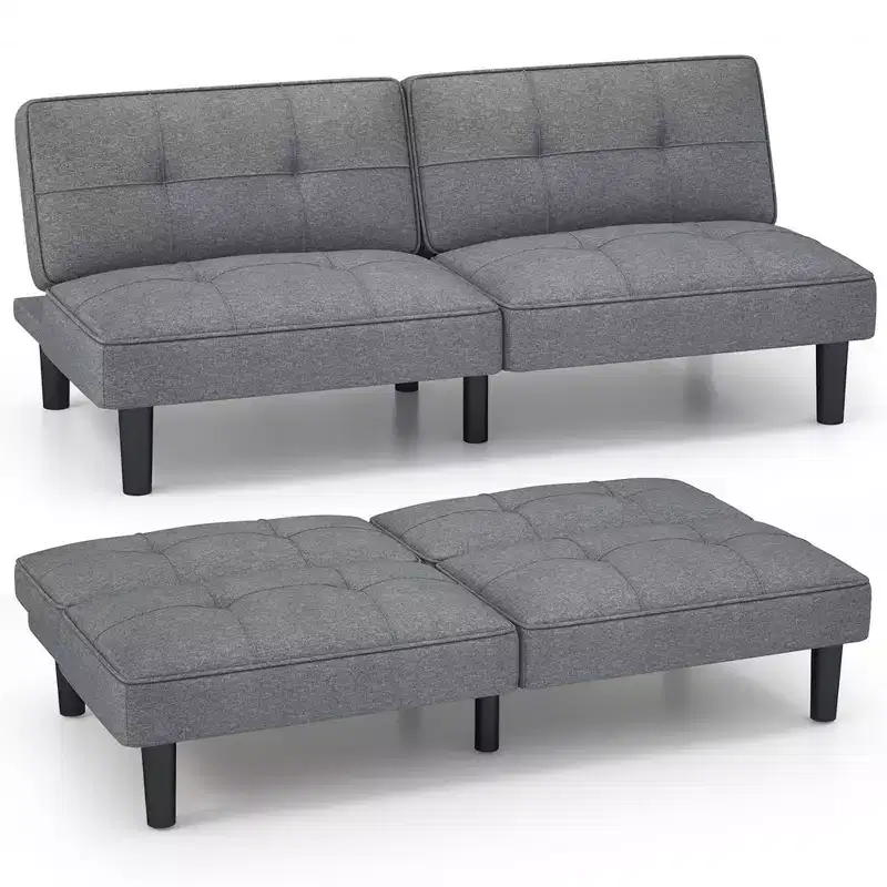 Convertible Folding Futon Sofa Bed, 6-Position Adjustable Backrest, Linen Fabric, Solid Wood Frame – 64