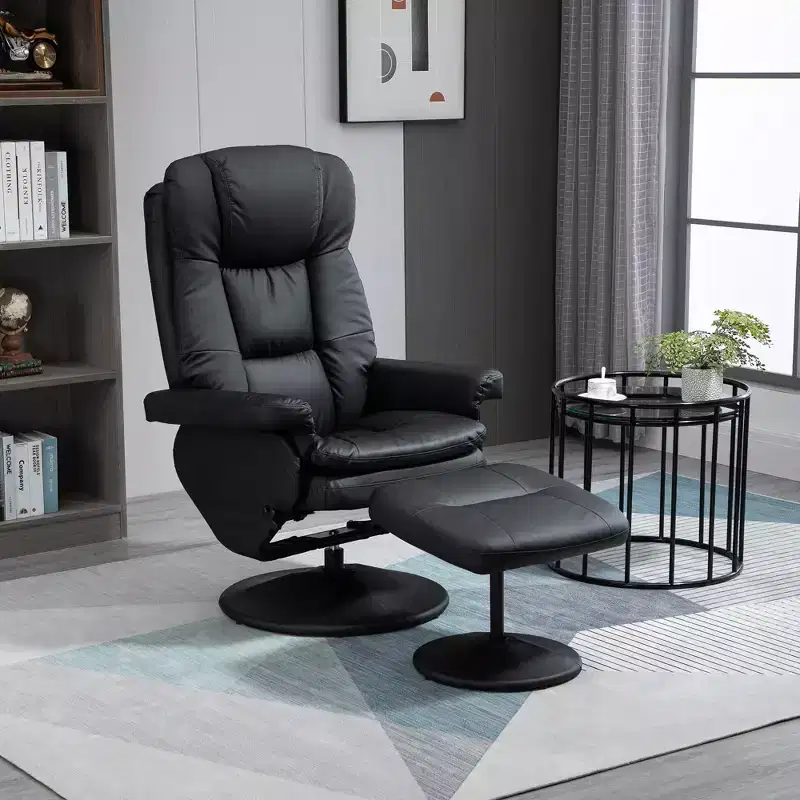 HOMCOM Swivel Recliner with Ottoman, PU Leather Reclining Chair and Footrest with Wrapped Base for Living Room, Bedroom and Home Office