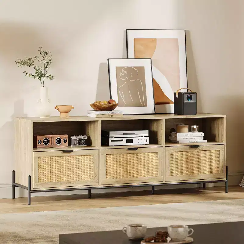 TV Stand for 75 inch,Modern Entertainment Center with 3 Drawers,TV Console with Heavy Duty Metal Leg,Rattan TV Stand for Living Room, Bedroom