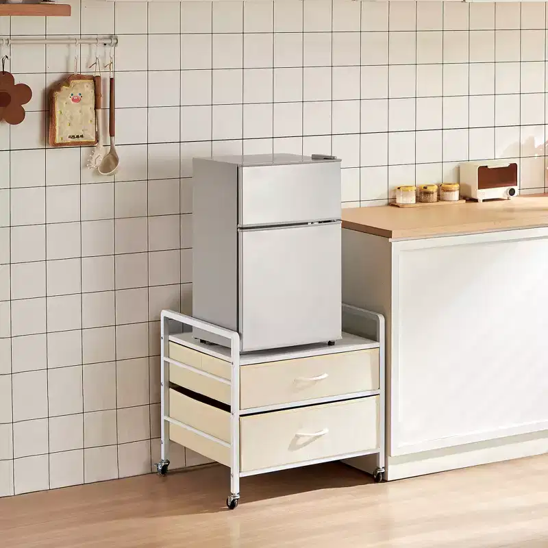 VEVOR Mini Fridge Stand with Storage, 176 lb-Capacity Mini Fridge Table with 2 Drawers & 4 Swivel Wheels, Mobile Mini Fridge Shelf, White