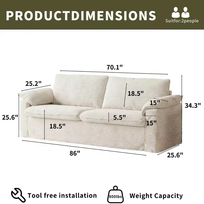 Dyonery 70 Loveseat Sofa Corduroy Couch,Modern Sofa Love Seat, Deep Seat Slipcovered Sofa with 2 Wide Armrest Pillows and Soft Backrest