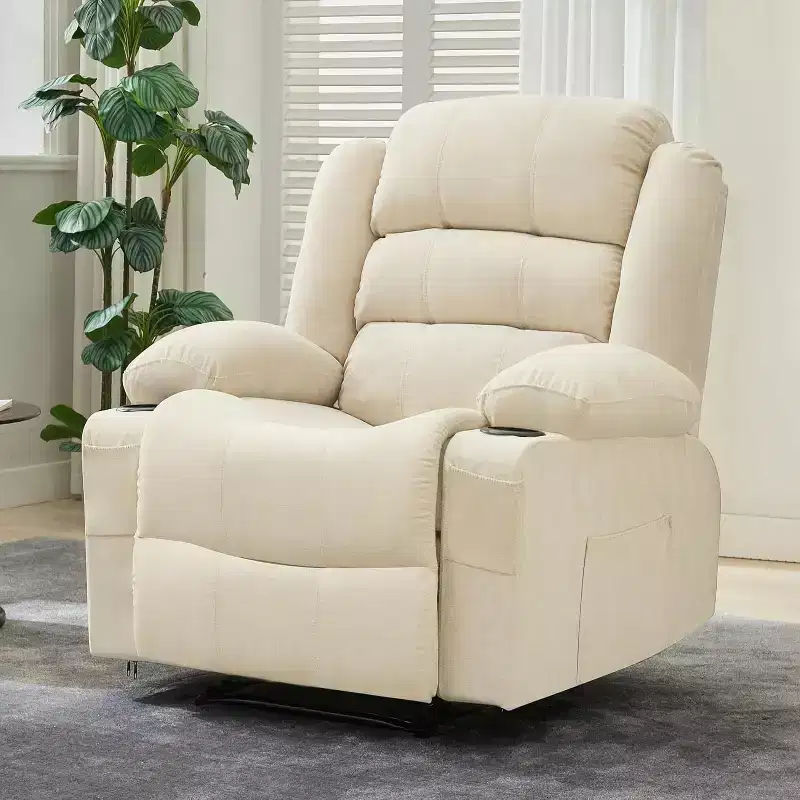 Large Recliner Chair Overstuffed Fabric Manual Pull Tab Recliner with Cup Holders, Side Pocket, 3-Position Recline, Minimalist Style Single Sofa
