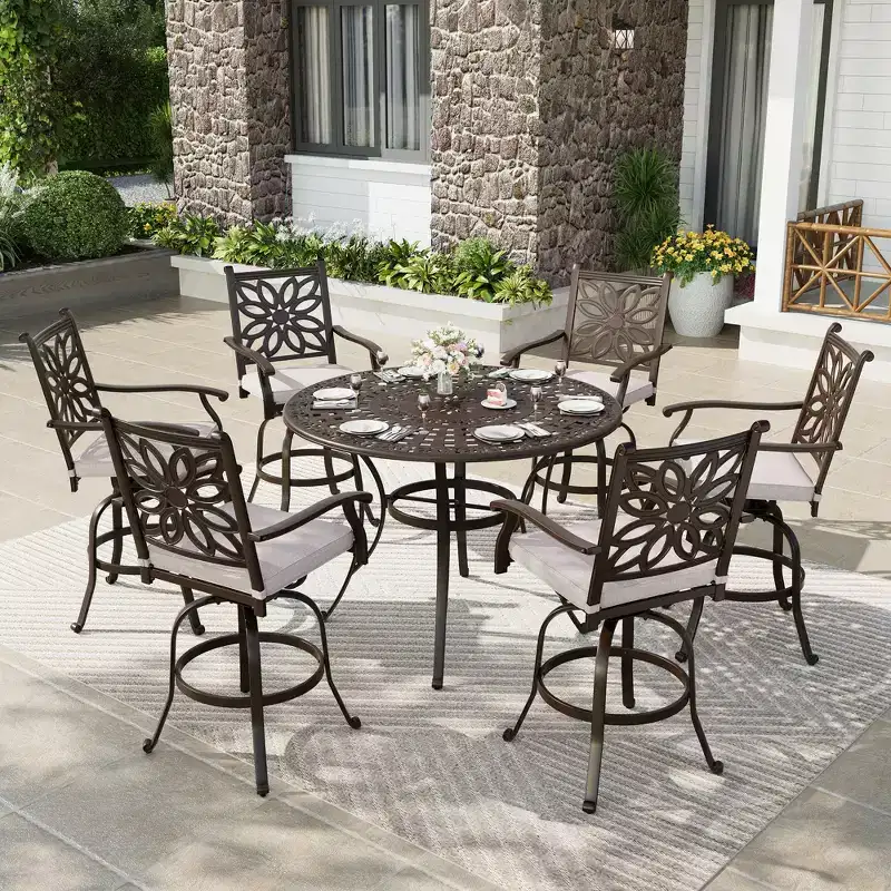 Captiva Designs 7pc Cast Aluminum Bar Height Patio Dining Set with Round Table & Swivel Stools