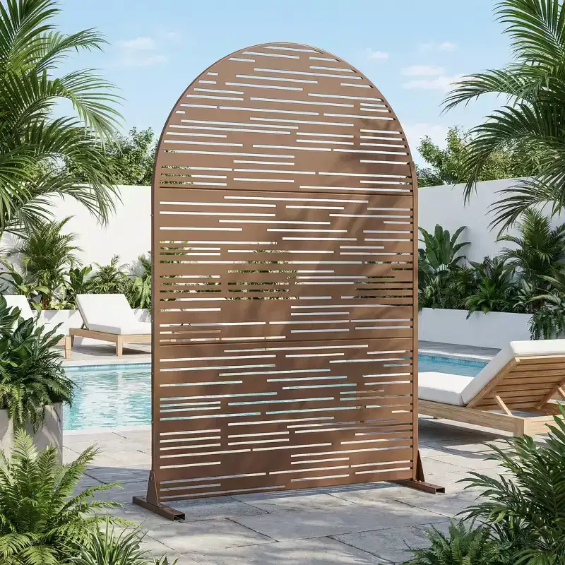 Dovelina 72H x 47W Arched Outdoor Metal Privacy Screen Freestanding Fence Panels in White/Brown for Garden Patio Deck Yard
