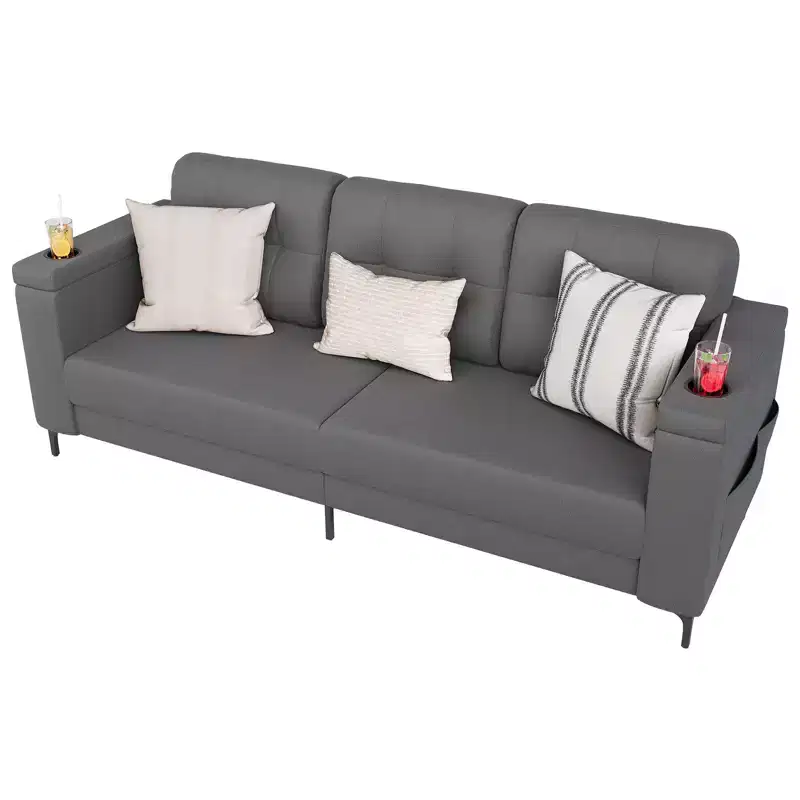 Sofas for Living Room, 84 Inch with Storage Armrests, Comfy Teddy Fleece Small Couch with Cup Holders and Convenient Side Pockets for Apartment