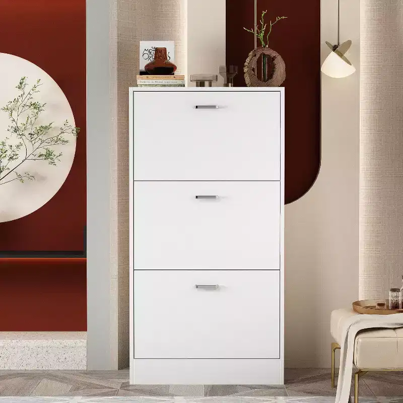 White Tipping Shoe Cabinet with 3 Flip Drawers, Minimalist Lightweight Design