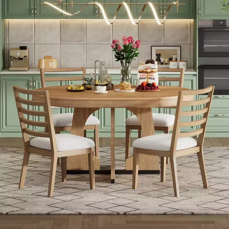 Farmhouse Extendable Round Dining Set for 4, Wood Round Kitchen Table with Leaf, 4 Upholstered Chairs for Dining Room