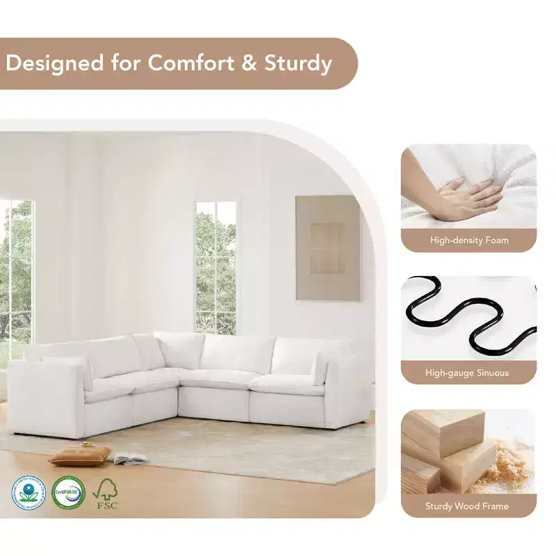 Spruce & Spring Cream 5-Piece Modular Sectional Couch for Living Room