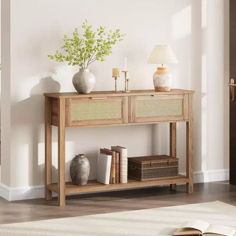 Rattan Console Table with 2 Storage Drawers, Boho Entryway Sofa Table for Living Room Hallway Foyer