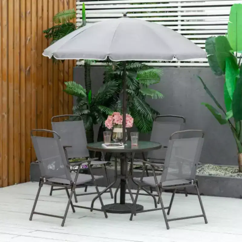6 Piece Patio Dining Set for 4 with Umbrella/ Outdoor Set with 4 Folding Dining Chairs and Round Glass Table for Garden Backyard and Poolside - Gray