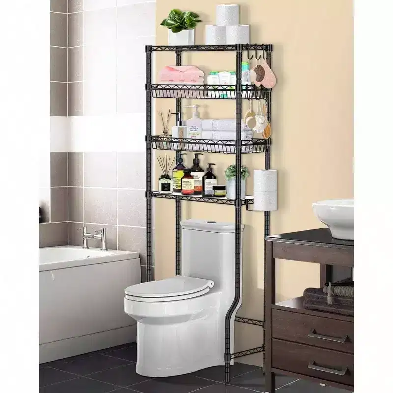 Bathroom Organizer Over Toilet Storage 4 Tier Metal Shelf Rack Black Space Saver with Adjustable Shelves and Baskets