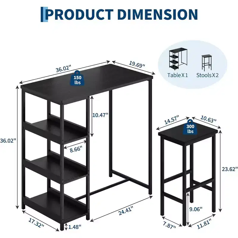 3-Piece Kitchen Table Set with Storage Shelves & 2 Bar Stools - Iron and Wood Dining Table for Small Spaces, Apartments, Condos