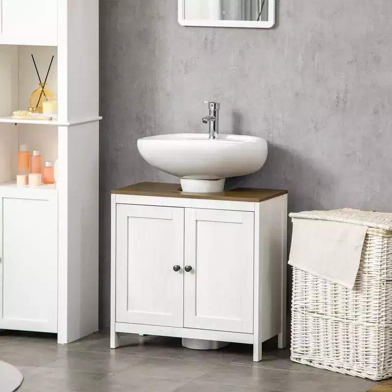 kleankin Bathroom Sink Cabinet, Floor Standing Under Sink Cabinet, Freestanding Storage Cupboard with Adjustable Shelf, Double Doors, Antique White