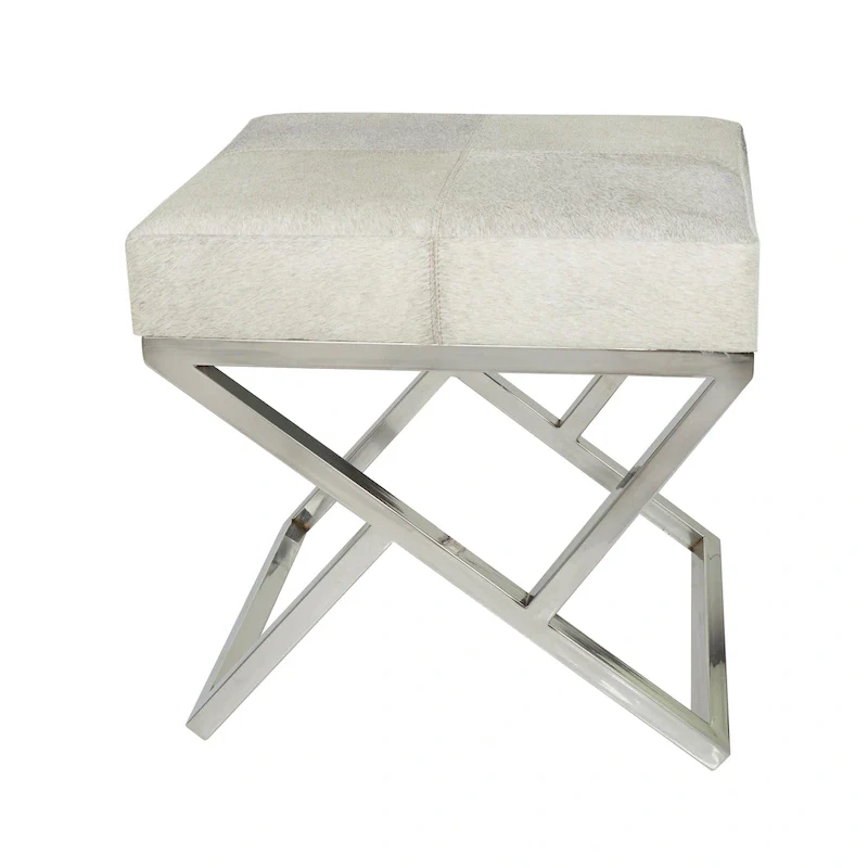 Leather Geometric Home Bench with Angled Silver Metal Base - Light Grey