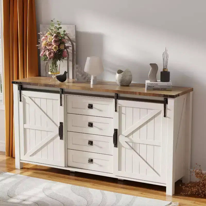 SinCiDo Farmhouse 60Dressing Table with Sliding Barn Door and 4 Drawers,Drawer Cabinet Living Room,Bedroom,Coffee Bar