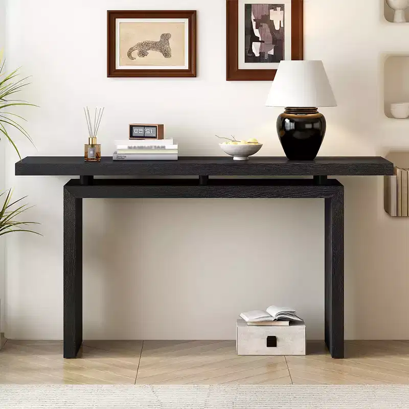 Uniquely designed ash veneer console table features a modern, minimalist style and a cleverly designed tabletop, suitable