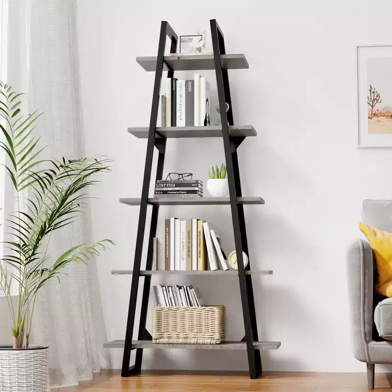 5-Tier Industrial Ladder Bookshelf - Modern Rustic Wood & Metal Storage Organizer for Living Room & Home Office