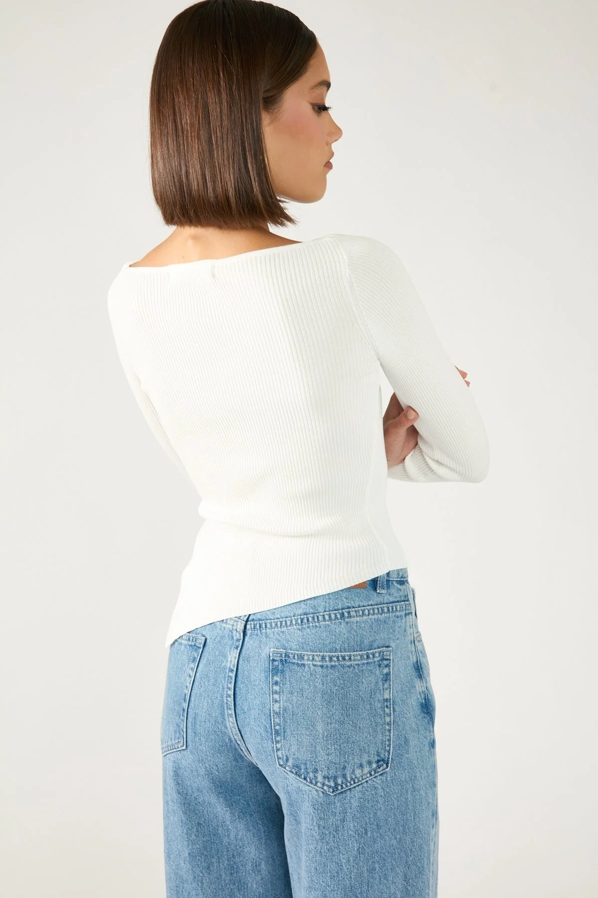 Long Sleeve Asym Rib Knit Top White