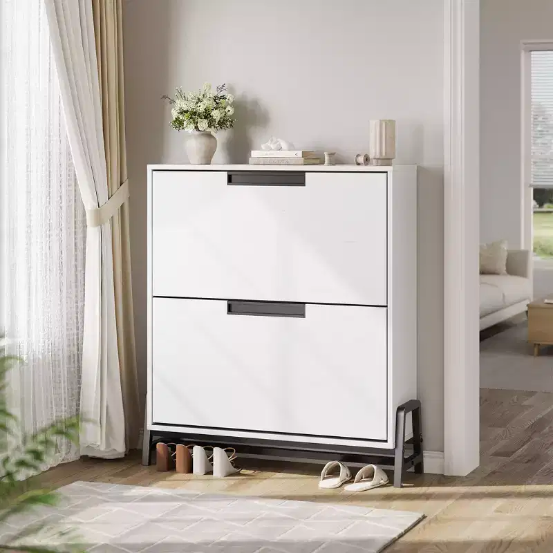 Shoe Storage Cabinet with 2 Flip Drawers - with Metal Legs, Adjustable Shelf, Narrow Shoe Rack Organizer for Entryway, Foyer, Hallway, Living Room