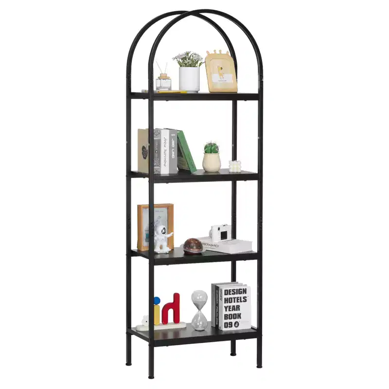 VEVOR Open Bookshelf, 4-Tier, Arched Bookcase Storage Shelves with Metal Frame, Industrial Metal Book Organizer, Freestanding Display Rack, Black