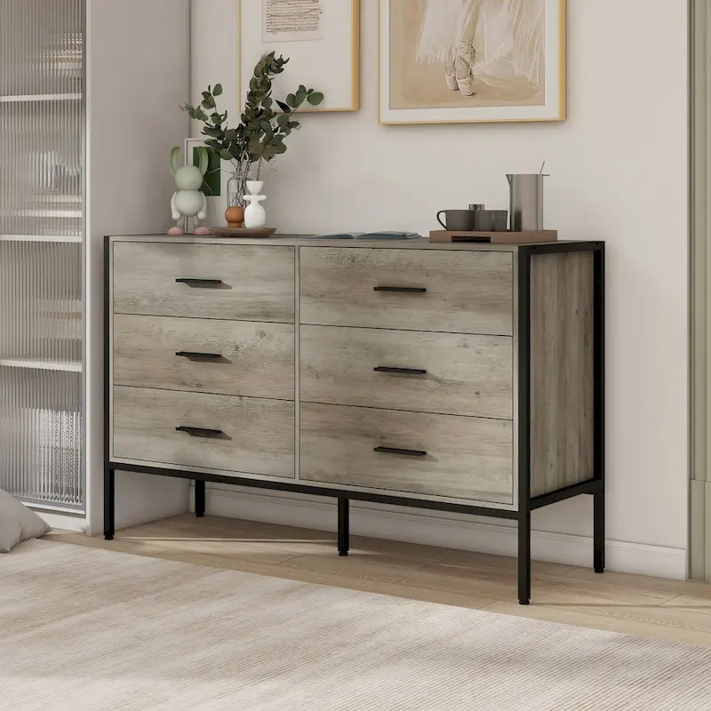 Wood Dresser with 6 Drawers, Solid Clothes Cabinet with Sturdy Steel Frame, 48.58W15.75D31.22H, 48 inch, Rustic Grey