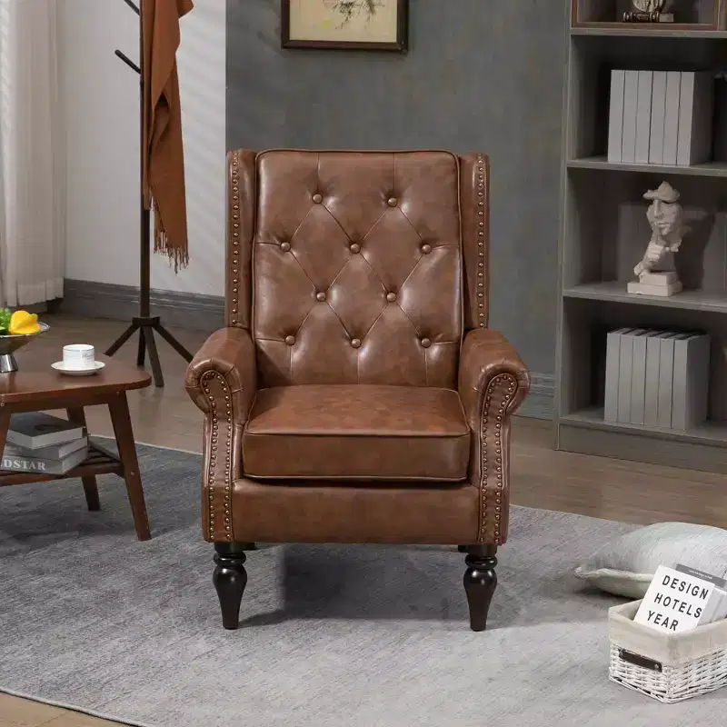 Wood Frame Armchair, Sturdy Wood Legs, Living Room Bedroom, Black PU