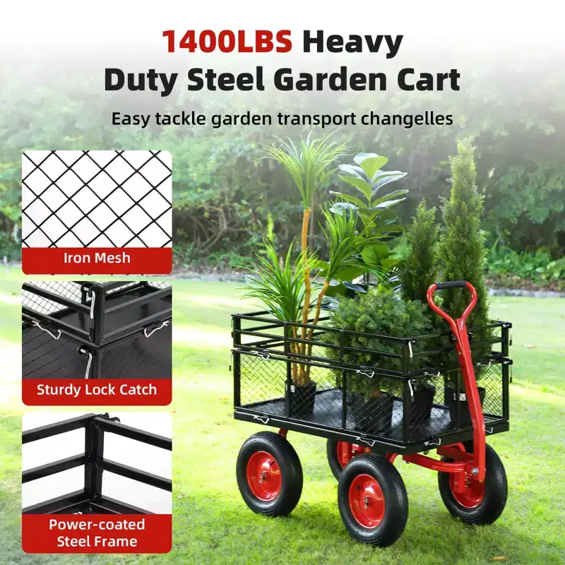 Heavy Duty Steel Garden Dump Cart, 880 lb, 10-Inch Wheels