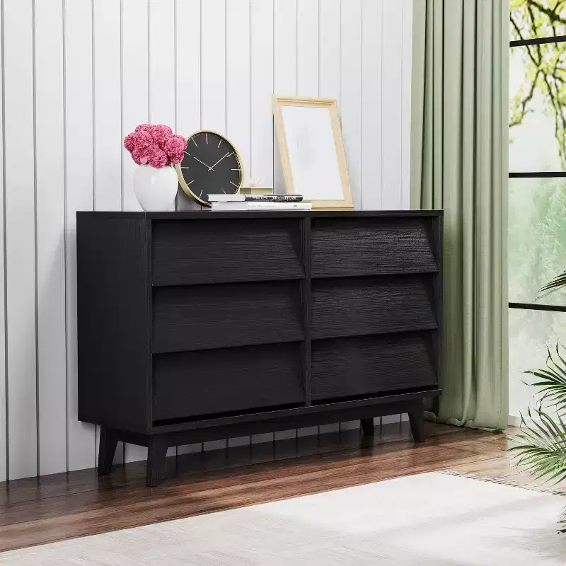 6 Drawer Dresser for Bedroom, Vintage Wide Chest of Drawers with Bevel Design, Accent Double Dresser Storage Organizers