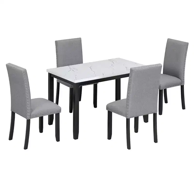 5-Piece Dining Table Set Dining Set with Faux Marble Dining Table, 4 Thicken Cushion Dining Chairs, Gray/White-ModernLuxe