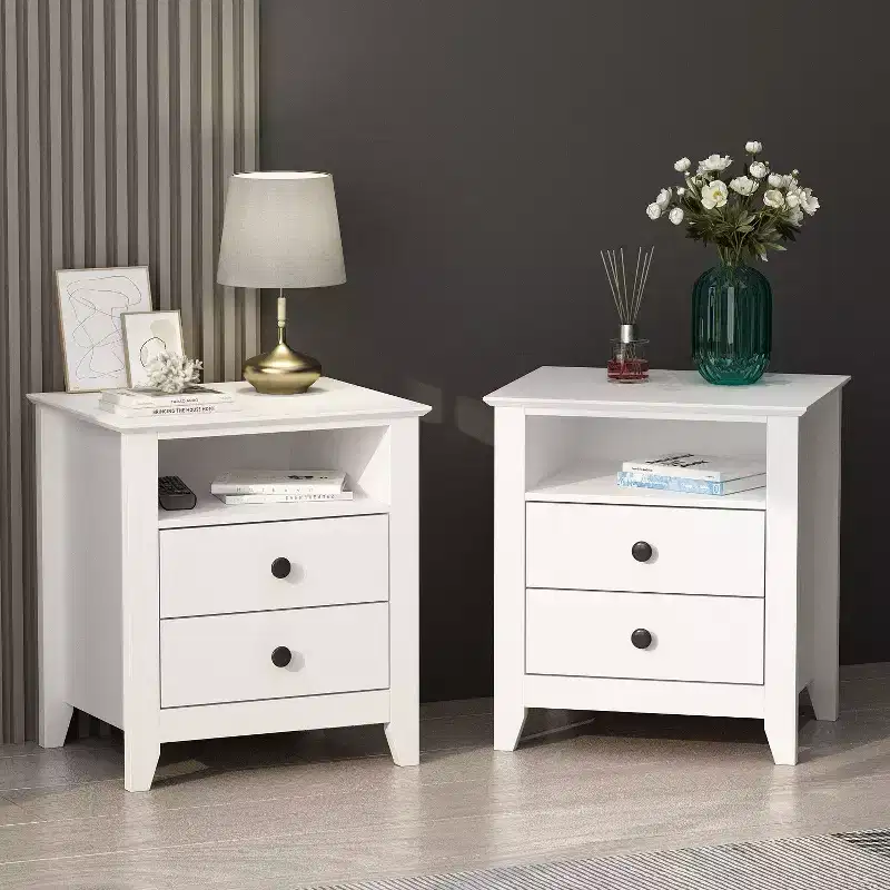 Famapy White Nightstand 2 Drawer 1 Open Shelf Modern Design End Table