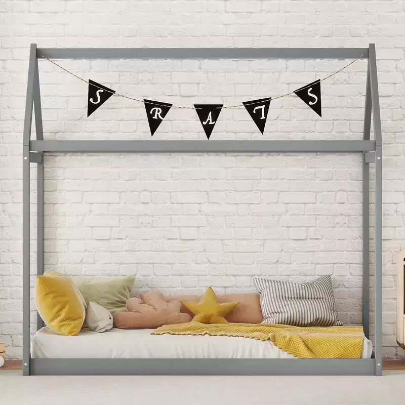 Twin Size House-Shaped Roof Wooden Bed Frame, Modern Floor Bed for Toddlers/Kids Bedroom
