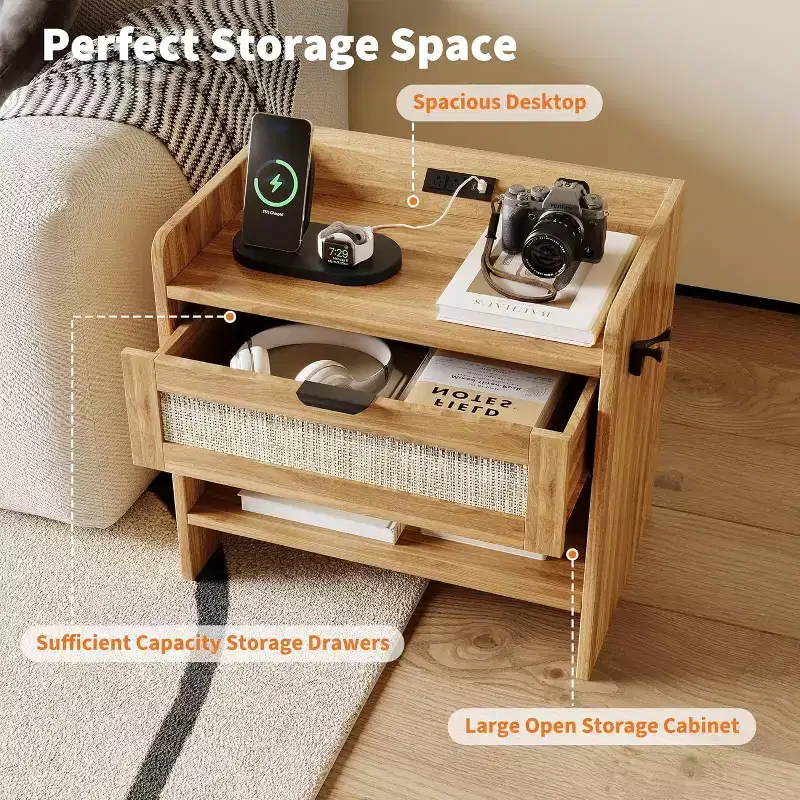 Rattan Nightstand, Bedside Table,1 Storage Drawer & Open Storage Space, Boho End Table Side Table for Bedroom Living Room Office, Large Night Stand