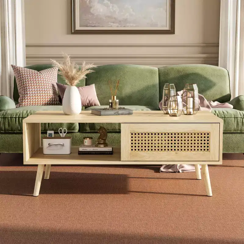 Boho Rattan Coffee Table, 39.4 Modern Coffee Table with Sliding Door and Open Shelf, Waterproof Wooden Living Room Table with Anti-Slip Footpads